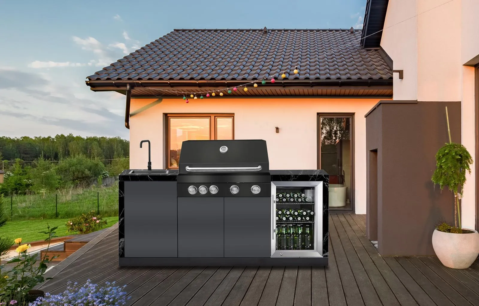 2.4M Rockpool 4B: Designer Black Outdoor BBQ Kitchen Package inc Fridge, Sink Rear Infrared, Rotisserie, BBQ Cover