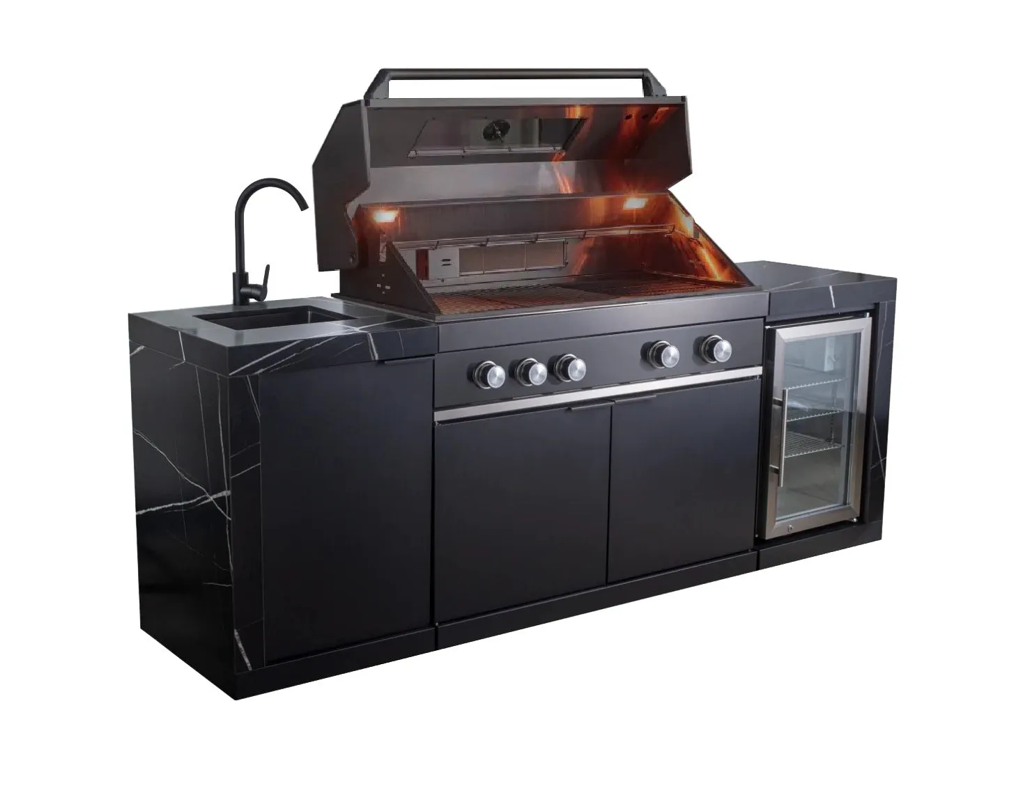 2.4M Rockpool 4B: Designer Black Outdoor BBQ Kitchen Package inc Fridge, Sink Rear Infrared, Rotisserie, BBQ Cover