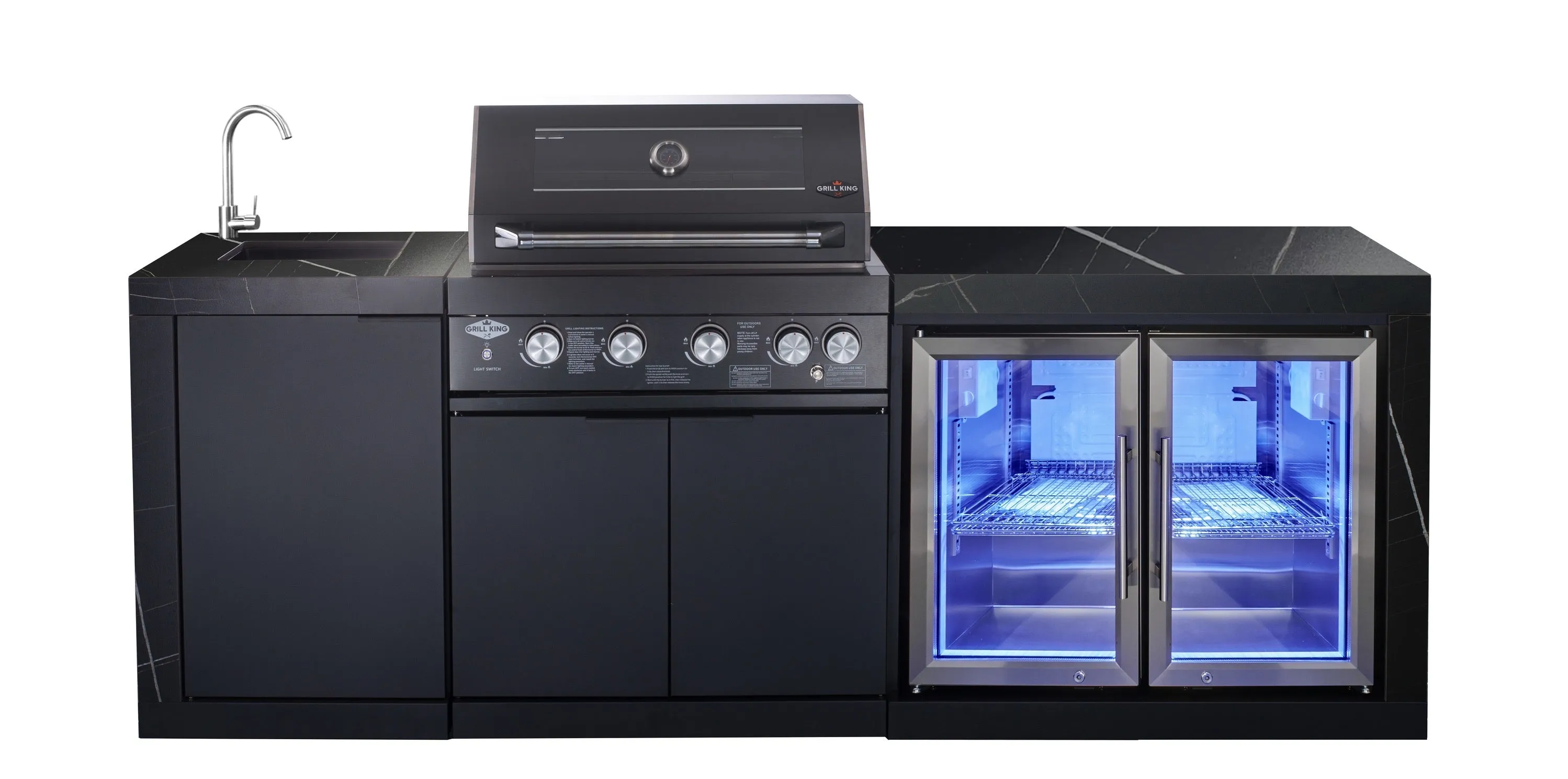 2.4M Rockpool 4B: Designer Black Outdoor BBQ Kitchen Package inc Fridge, Sink Rear Infrared, Rotisserie, BBQ Cover