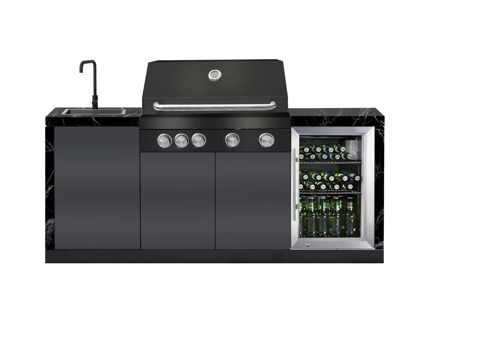 2.4M Rockpool 4B: Designer Black Outdoor BBQ Kitchen Package inc Fridge, Sink Rear Infrared, Rotisserie, BBQ Cover