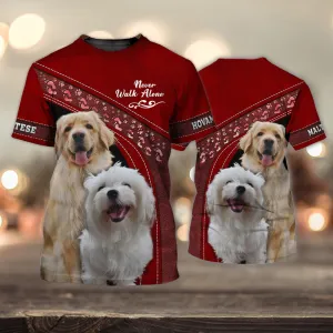 3D Dog T Shirts, Hovawart And Maltese Love Red Never Walk Alone All Over Print T-Shirt, Gift For Pet Loves
