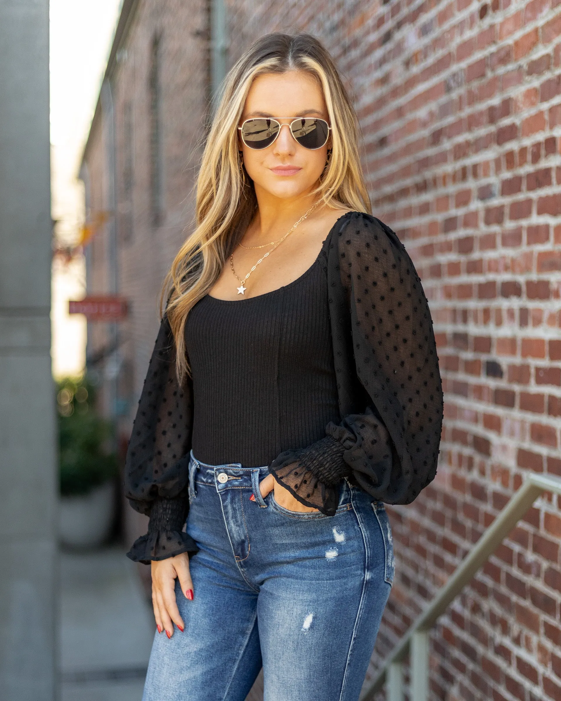 Abilene Swiss Dot Balloon Sleeve Bodysuit