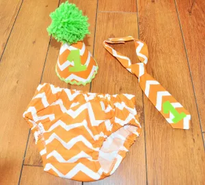 Baby Boy/Toddler Cake smash outfit, Birthday outfit, Chevron cake smash, orange chevron, fall colors cake smash, Chevron tie, party hat