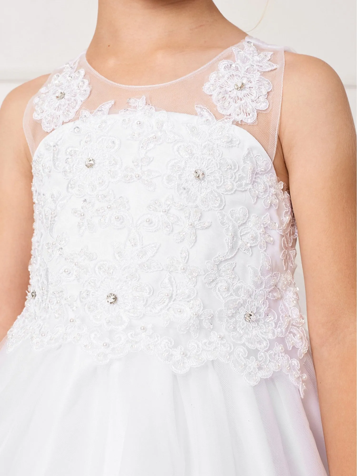 Big Girls Ivory Illusion Neck Embroidered Tulle Bow Junior Bridesmaid Dress 8-14