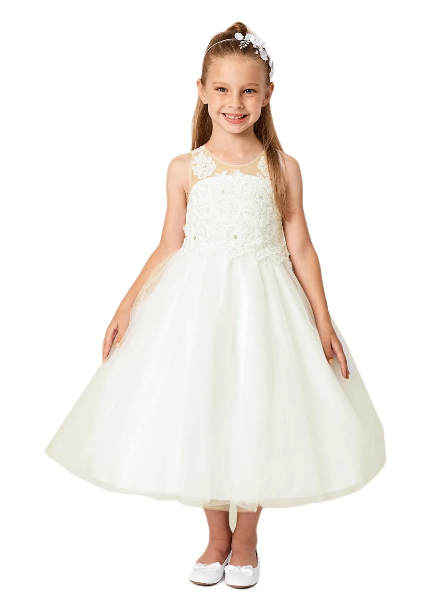 Big Girls Ivory Illusion Neck Embroidered Tulle Bow Junior Bridesmaid Dress 8-14