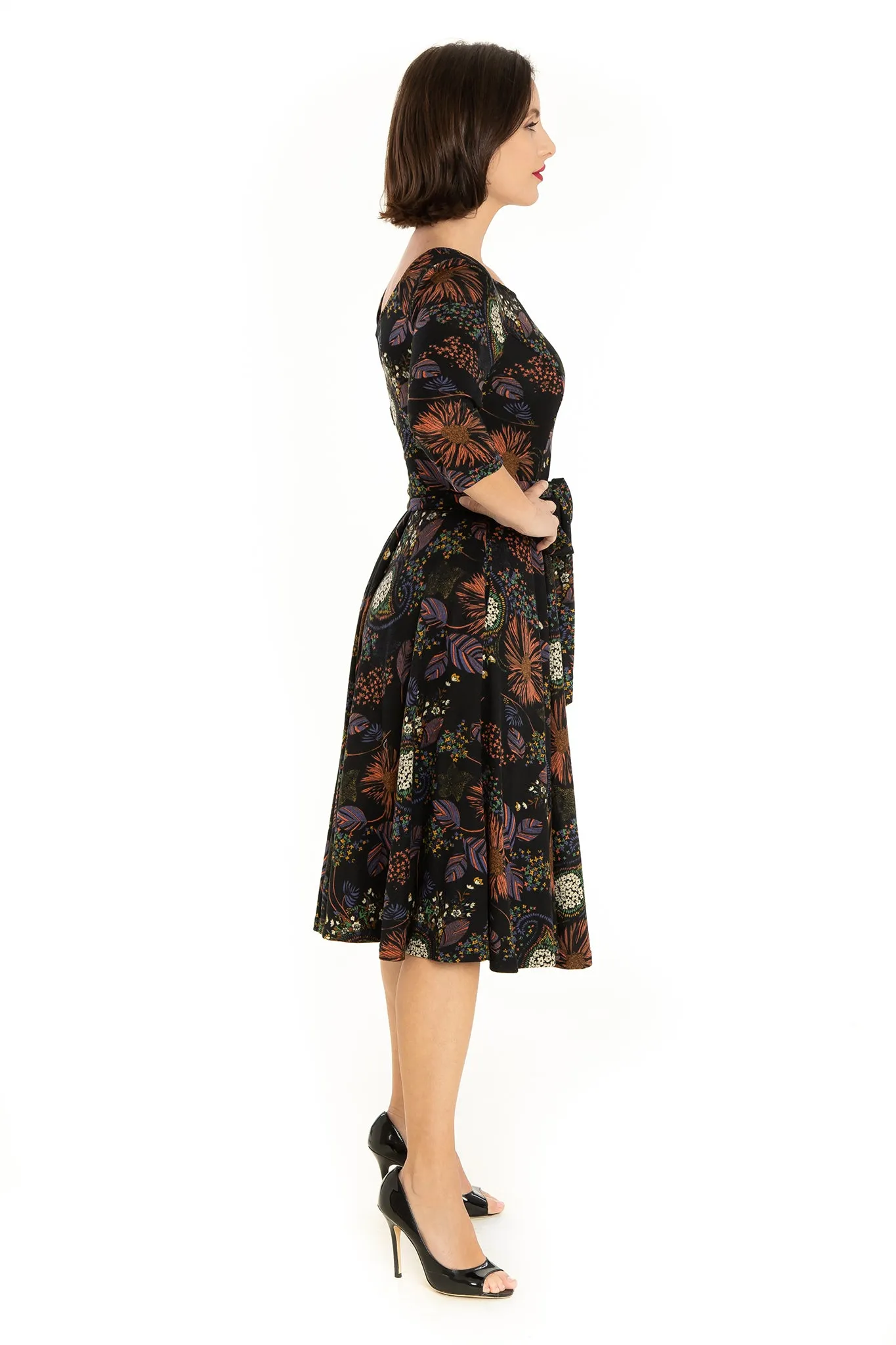 Black Multi Florals Firework 3/4 Sleeve Knit Dress