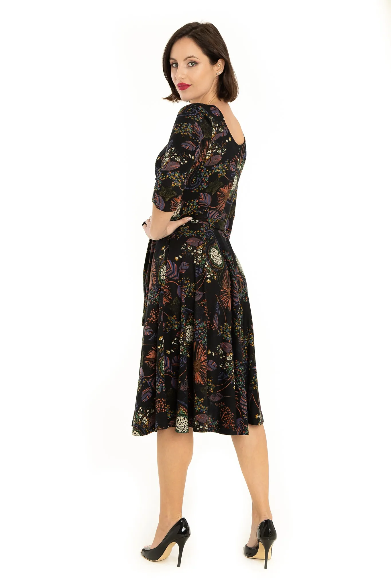 Black Multi Florals Firework 3/4 Sleeve Knit Dress