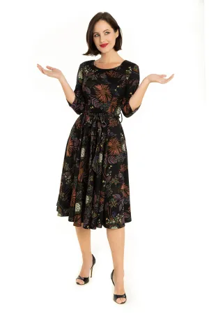Black Multi Florals Firework 3/4 Sleeve Knit Dress
