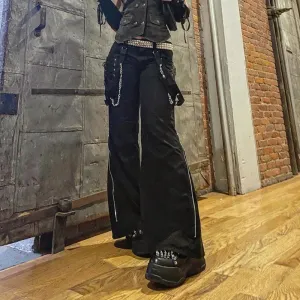 Bonnyshow Women Pants Hip Hop High Waist Bandage Streetwear Rivet Trousers Goth Dark Gothic Grunge Black Pants Harajuku Punk Wide Leg