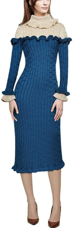 Color-Contrast Ruffle Knit Dress