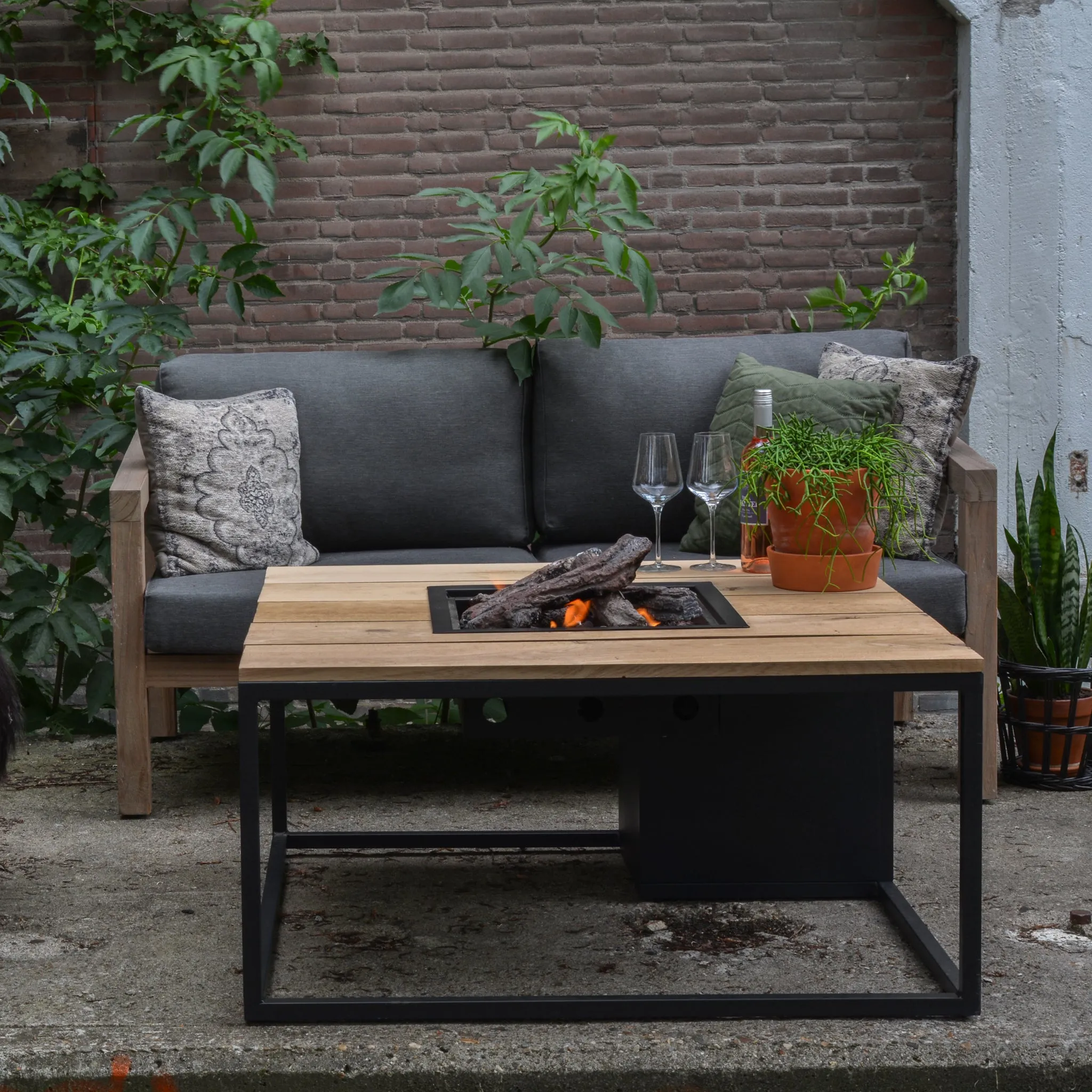 Cosiloft 100 Black and Teak Fire Pit Table
