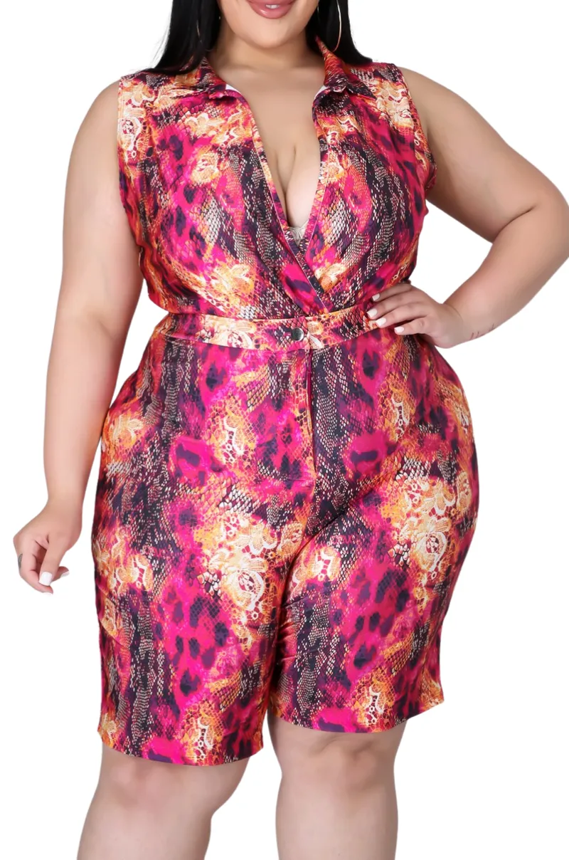 Final Sale Plus Size 2pc Faux Wrap Bodysuit & Bermuda Short Set in Fuchsia Snake Print