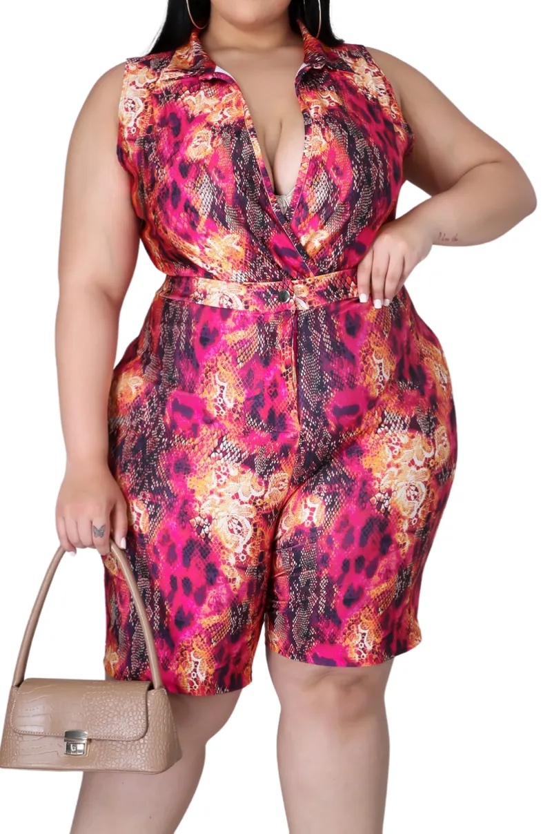 Final Sale Plus Size 2pc Faux Wrap Bodysuit & Bermuda Short Set in Fuchsia Snake Print