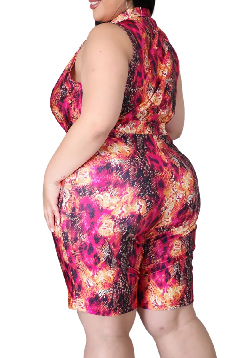 Final Sale Plus Size 2pc Faux Wrap Bodysuit & Bermuda Short Set in Fuchsia Snake Print