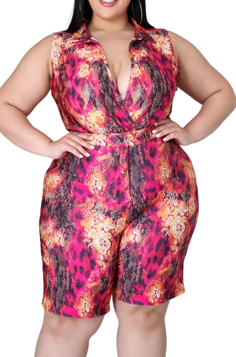 Final Sale Plus Size 2pc Faux Wrap Bodysuit & Bermuda Short Set in Fuchsia Snake Print