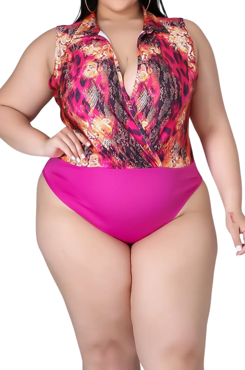 Final Sale Plus Size 2pc Faux Wrap Bodysuit & Bermuda Short Set in Fuchsia Snake Print
