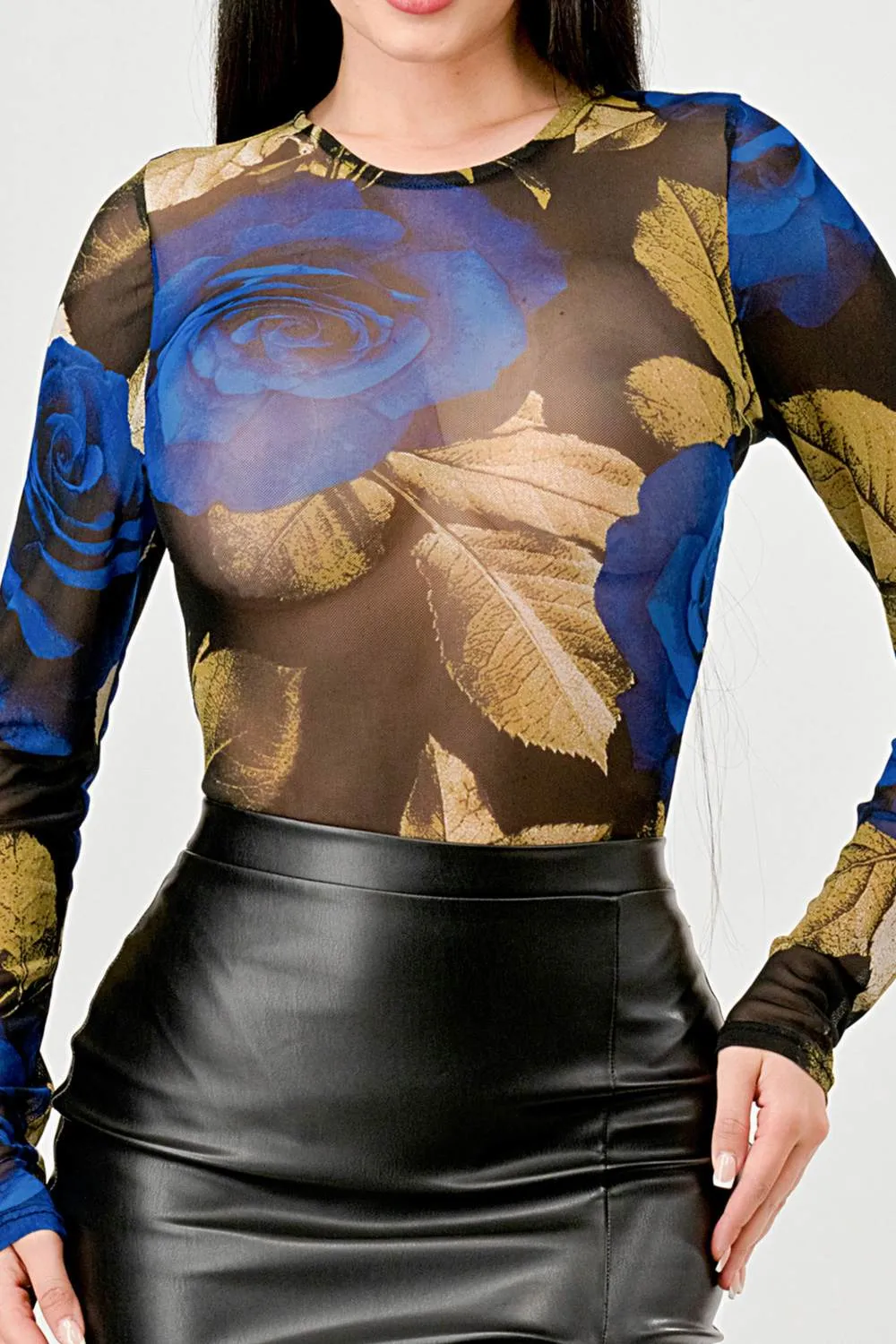 FLORAL PRINT MESH ROUND NECK LONG SLEEVES BODYSUIT
