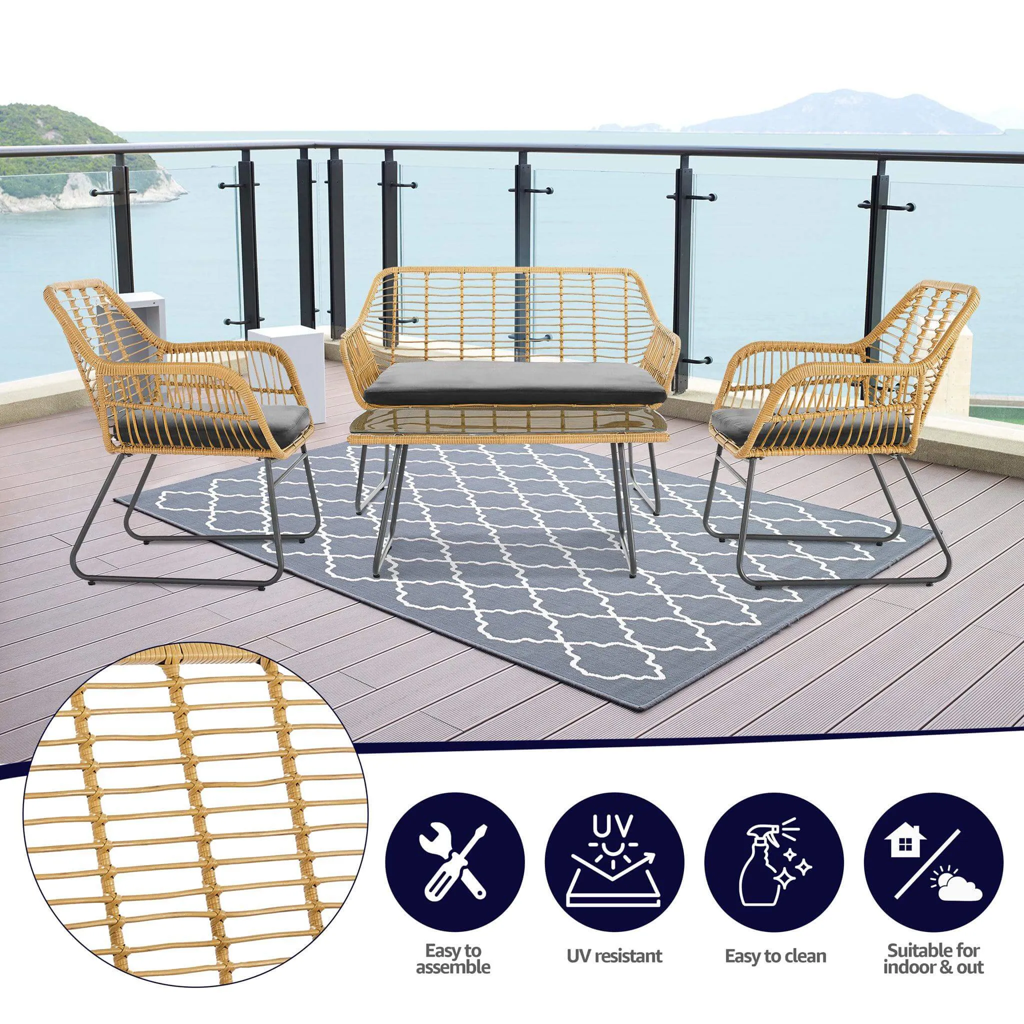 Florence Wicker PE Rattan Garden Outdoor Sofa, Table & Chairs 4 Piece Set