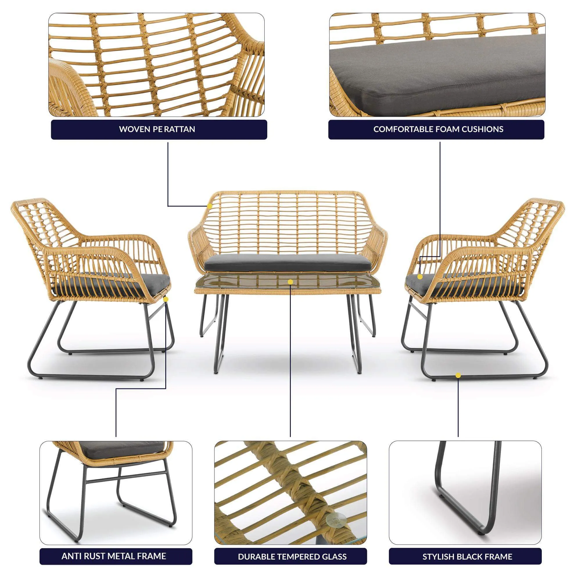 Florence Wicker PE Rattan Garden Outdoor Sofa, Table & Chairs 4 Piece Set