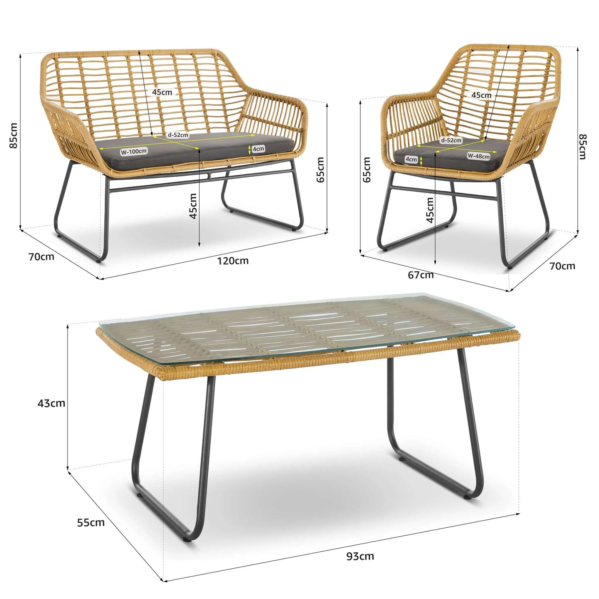 Florence Wicker PE Rattan Garden Outdoor Sofa, Table & Chairs 4 Piece Set