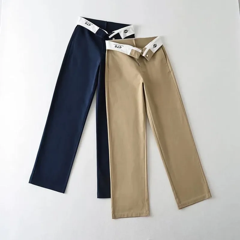Fold Waist Line Straight Leg Trousers