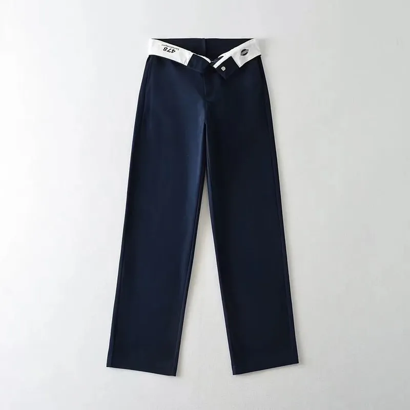 Fold Waist Line Straight Leg Trousers