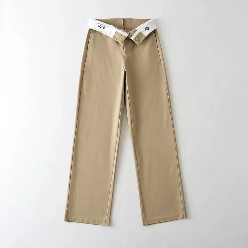 Fold Waist Line Straight Leg Trousers