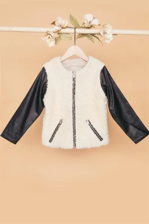 Girls Ivory Black Faux Shearling Contrast Sleeves Jacket