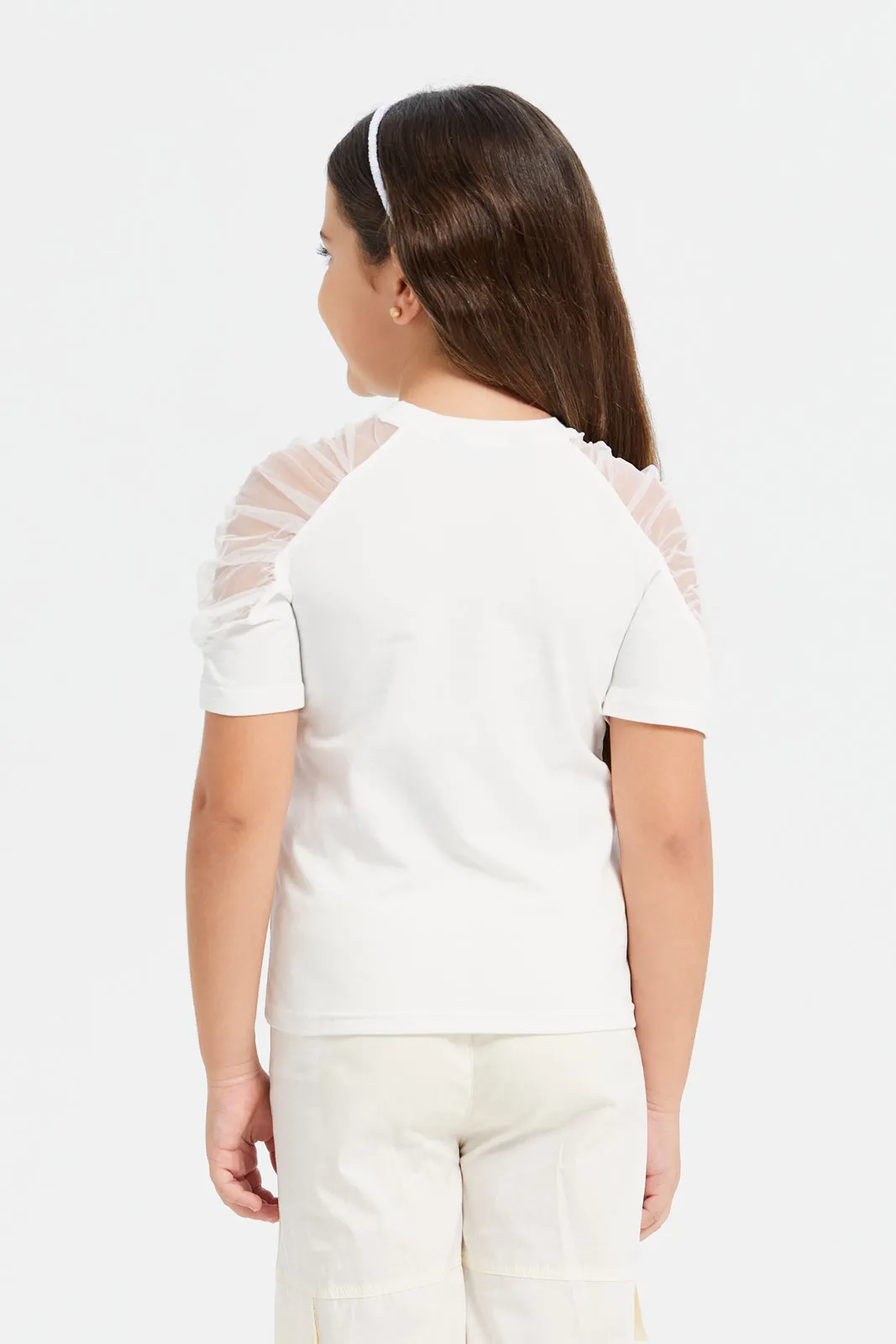 Girls White Embellished With Beads Work T-Shirt