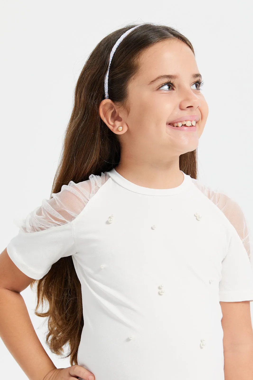 Girls White Embellished With Beads Work T-Shirt