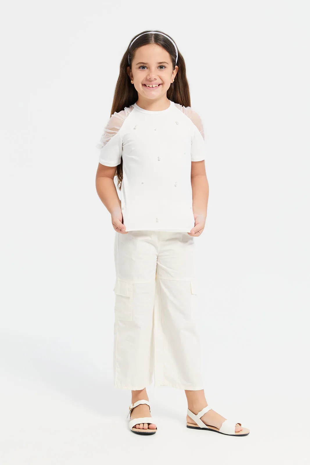 Girls White Embellished With Beads Work T-Shirt