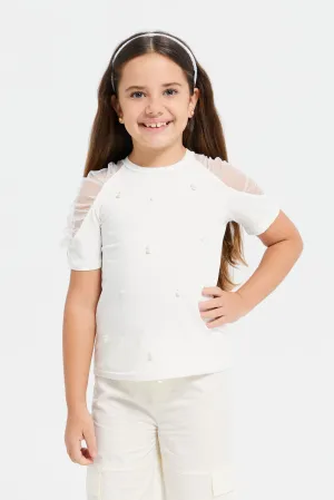 Girls White Embellished With Beads Work T-Shirt