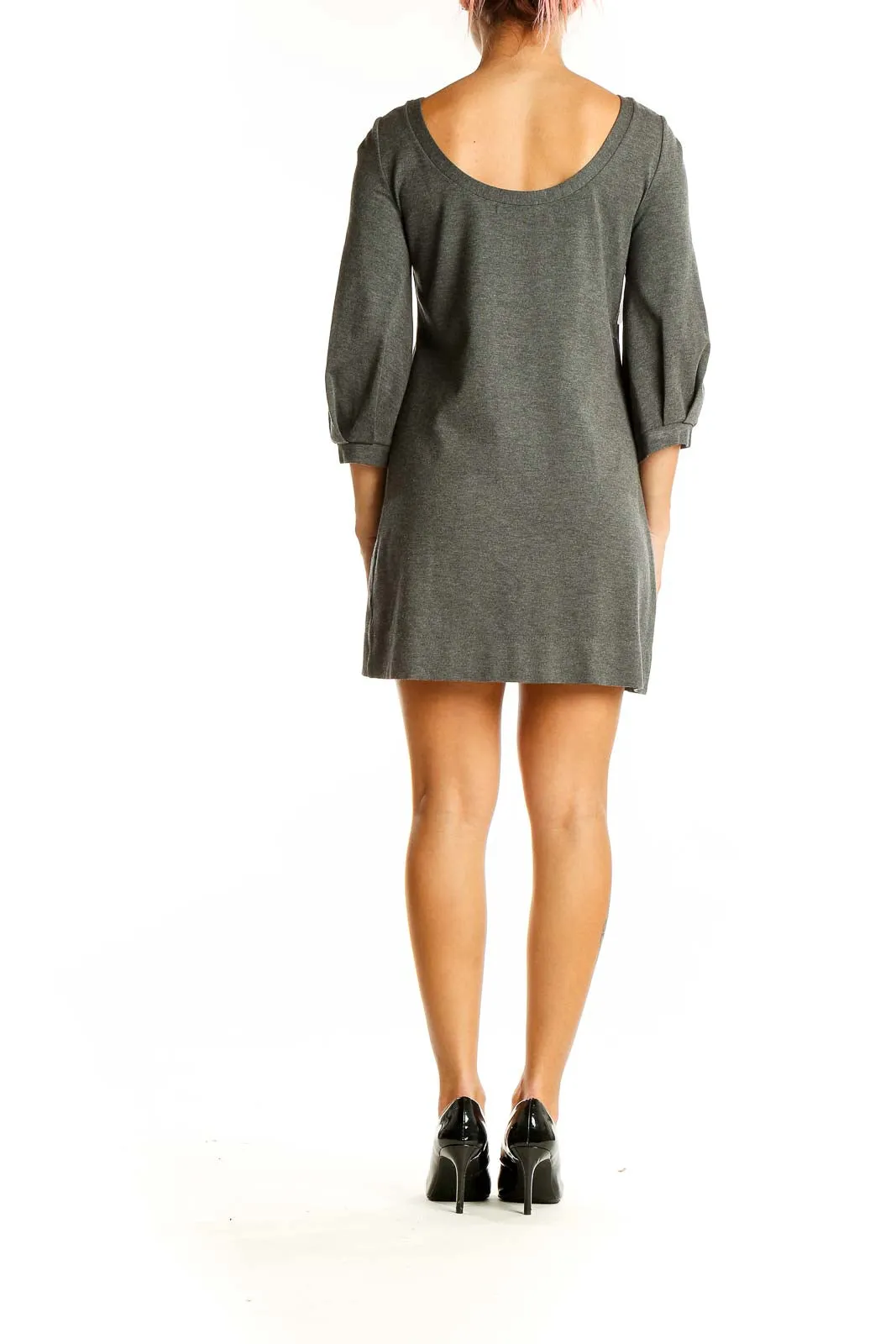Gray Knit Mini Dress with Puff Sleeves