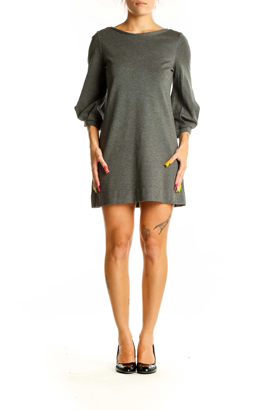 Gray Knit Mini Dress with Puff Sleeves