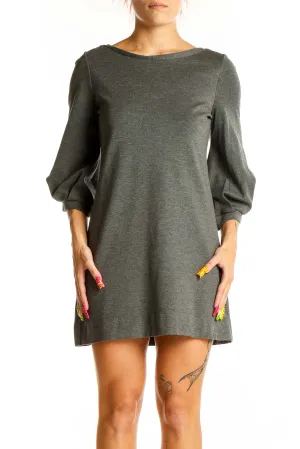 Gray Knit Mini Dress with Puff Sleeves