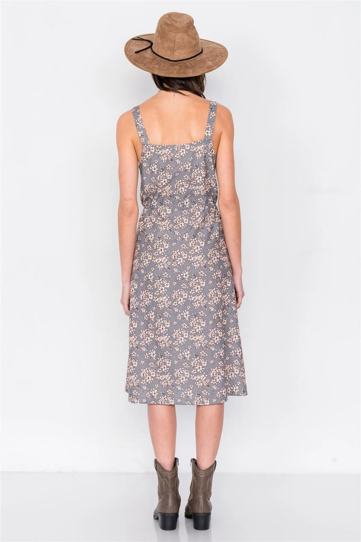 Grey Cotton Button Tank Top Adjustable A-Line Midi Dress /2-2-2