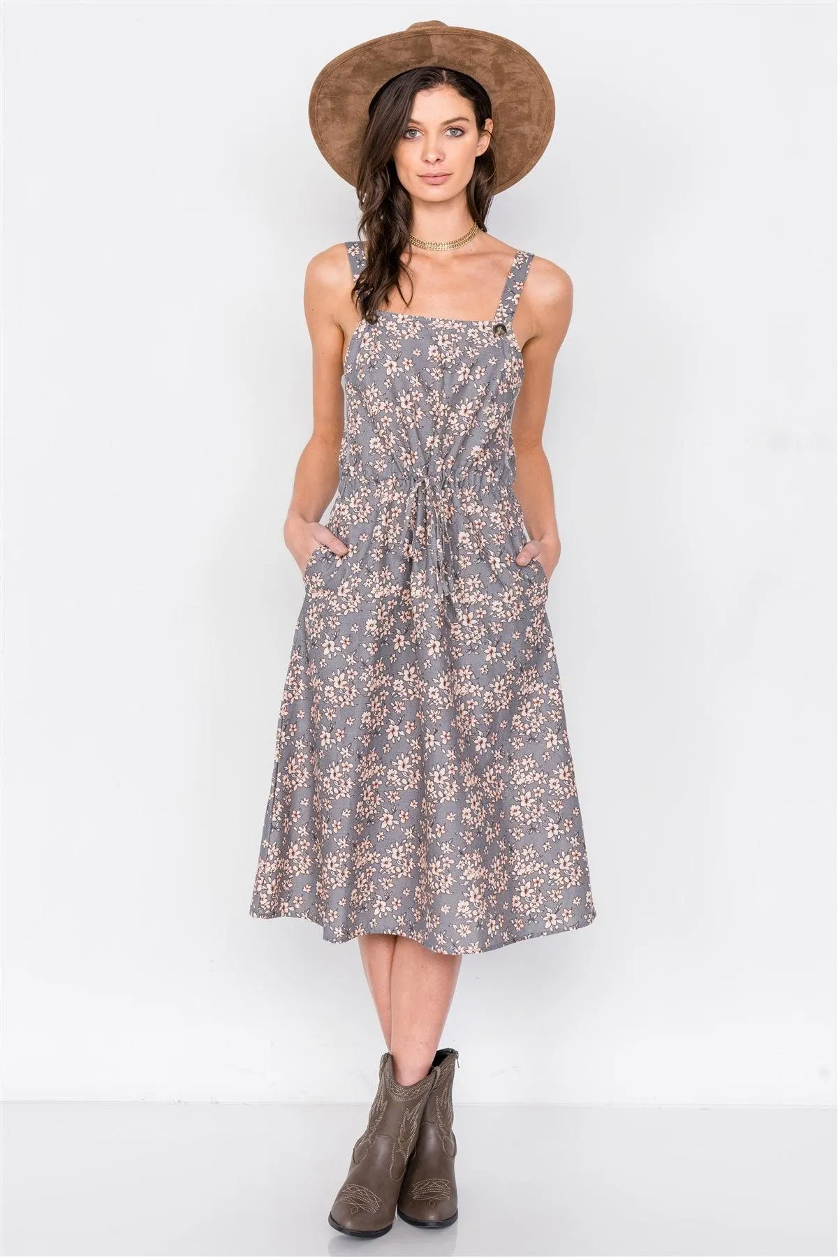 Grey Cotton Button Tank Top Adjustable A-Line Midi Dress /2-2-2
