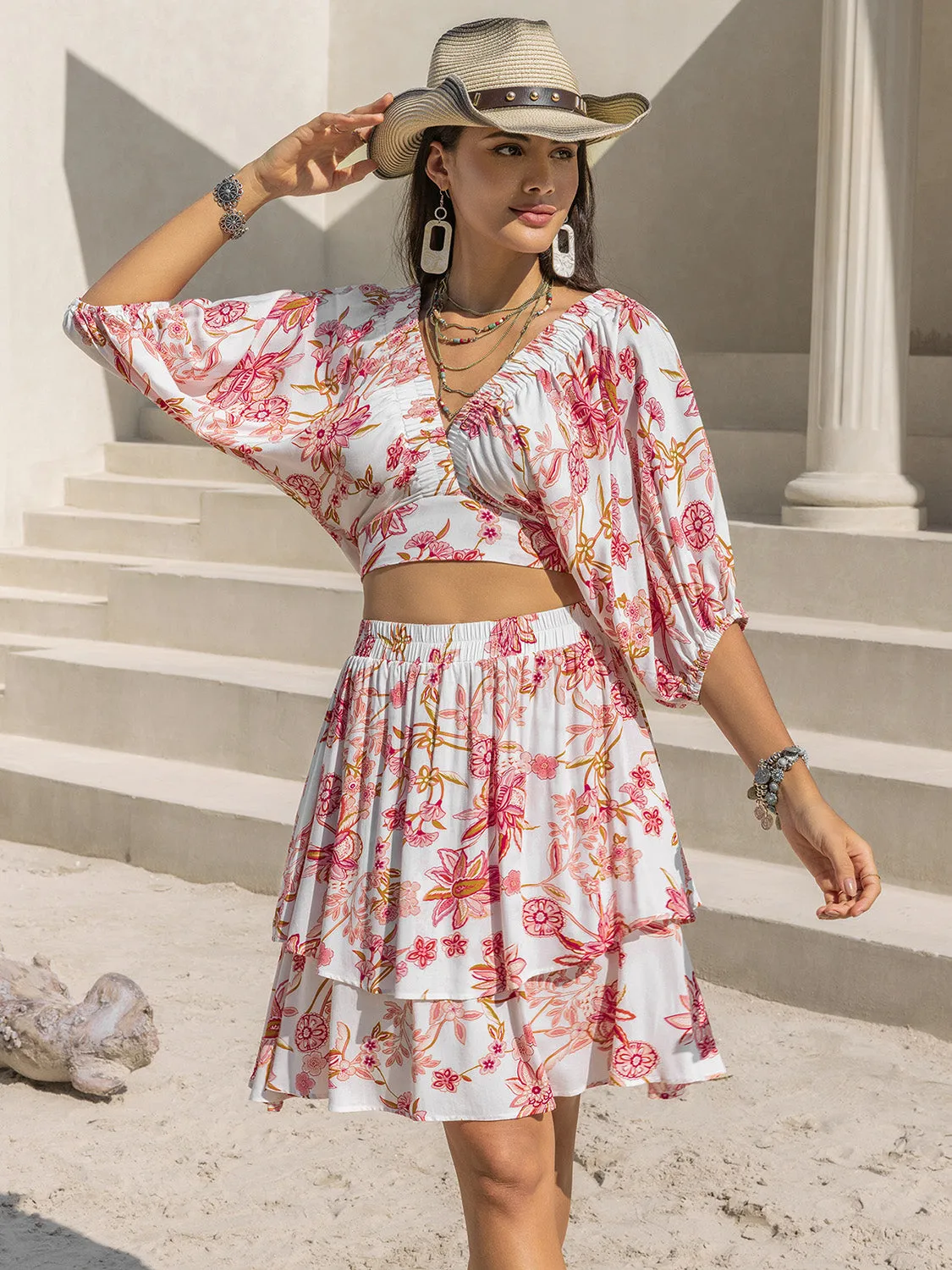 Half Sleeve Top and Layered Skirt Flower Print Set