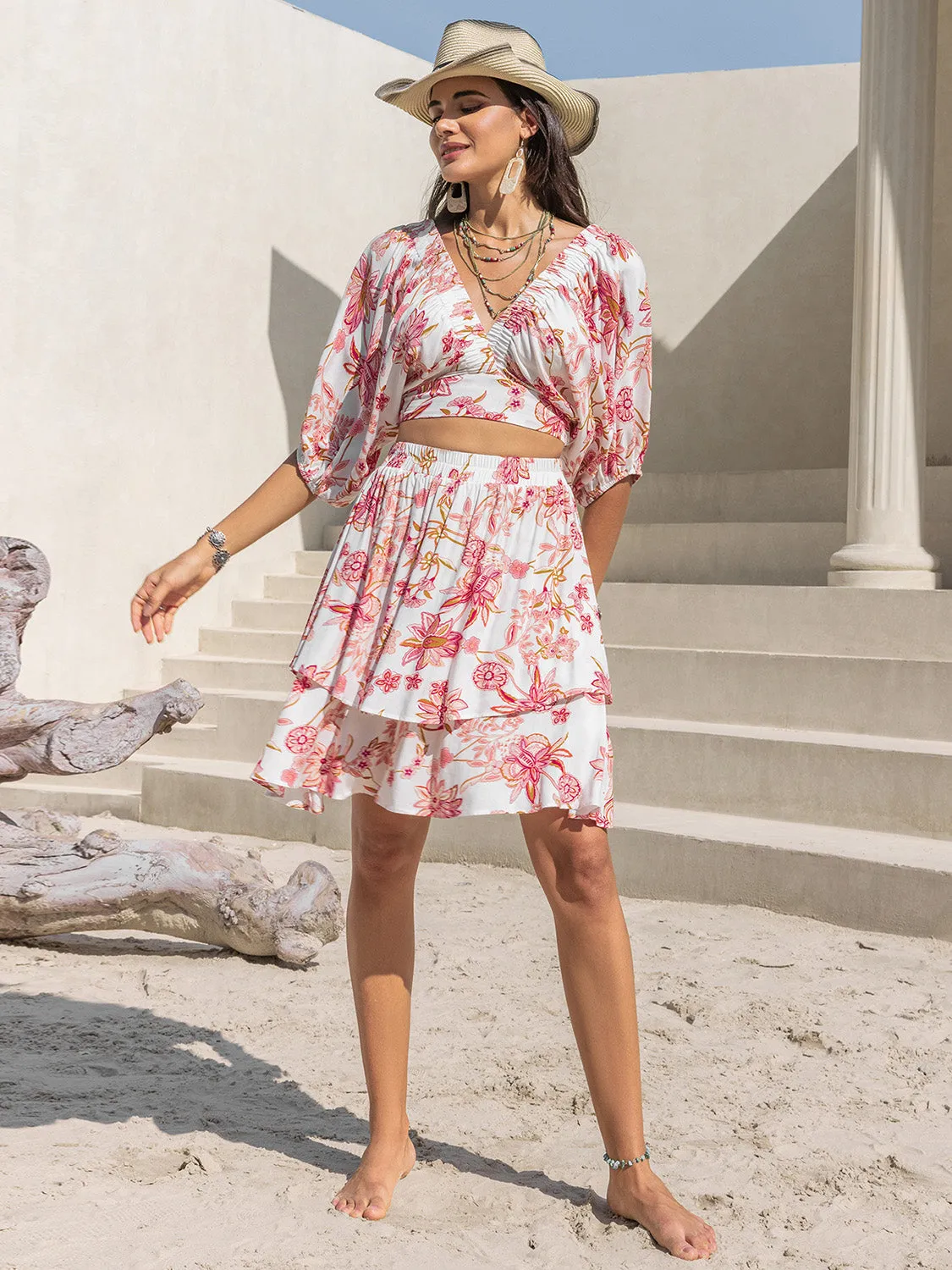 Half Sleeve Top and Layered Skirt Flower Print Set