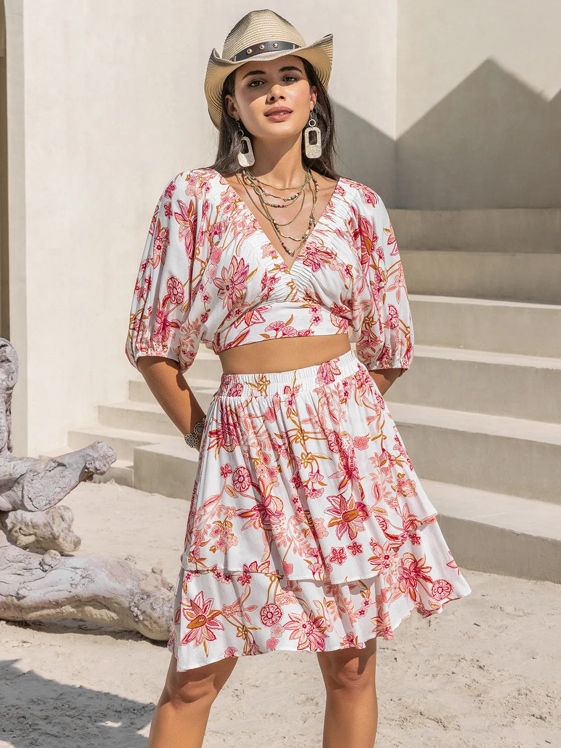 Half Sleeve Top and Layered Skirt Flower Print Set