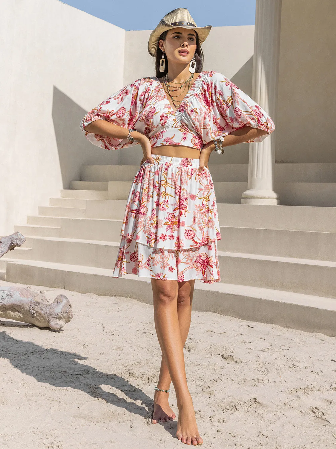 Half Sleeve Top and Layered Skirt Flower Print Set