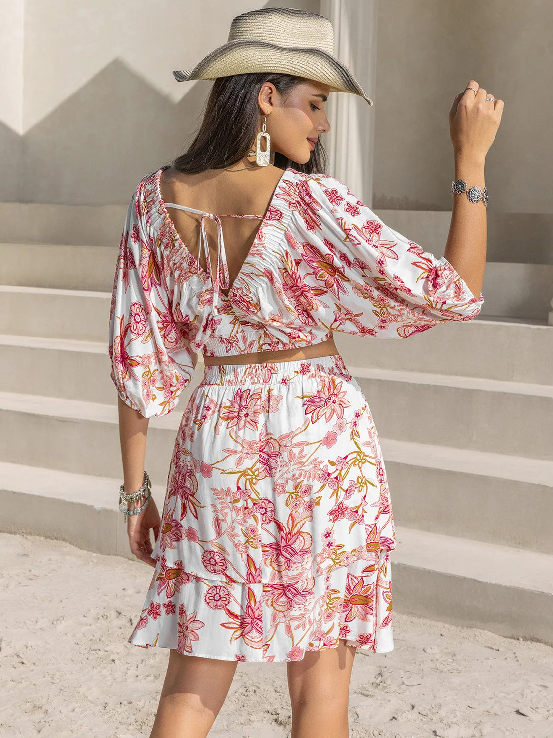 Half Sleeve Top and Layered Skirt Flower Print Set