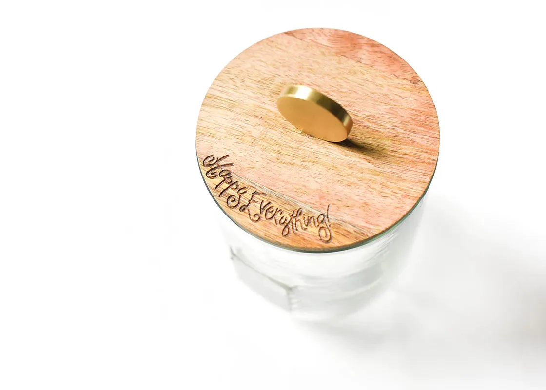 HAPPY EVERYTHING SMALL MINI WOODEN LID GLASS JAR