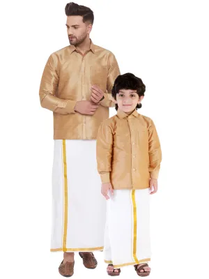Jashvi Men's & Boys Rose Gold Solid Silk Blend Full Sleeve Ethnic Shirt And Mundu Set