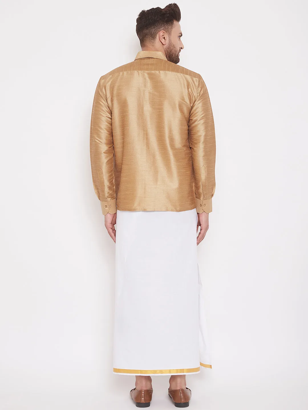 Jashvi Men's & Boys Rose Gold Solid Silk Blend Full Sleeve Ethnic Shirt And Mundu Set