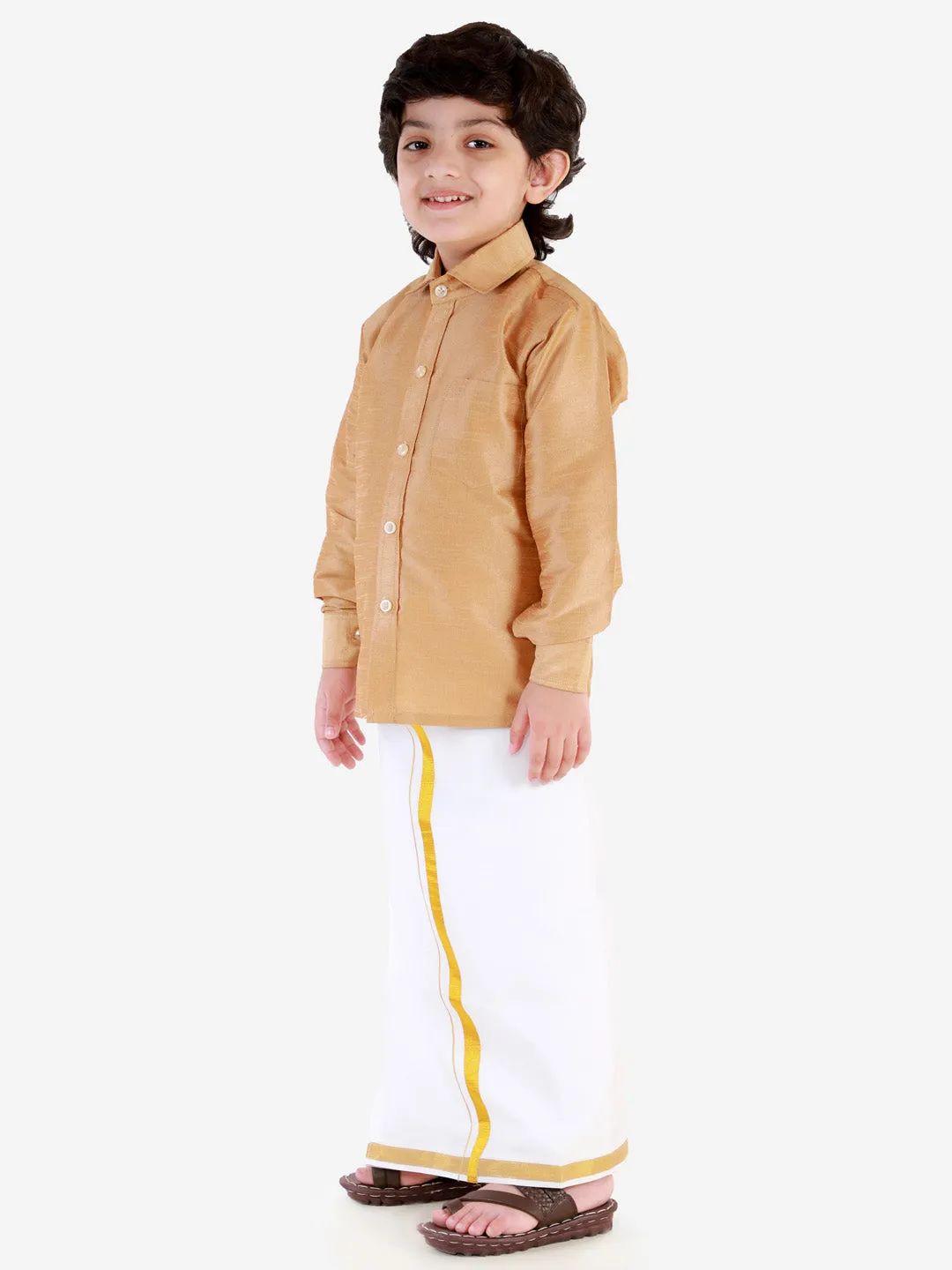Jashvi Men's & Boys Rose Gold Solid Silk Blend Full Sleeve Ethnic Shirt And Mundu Set