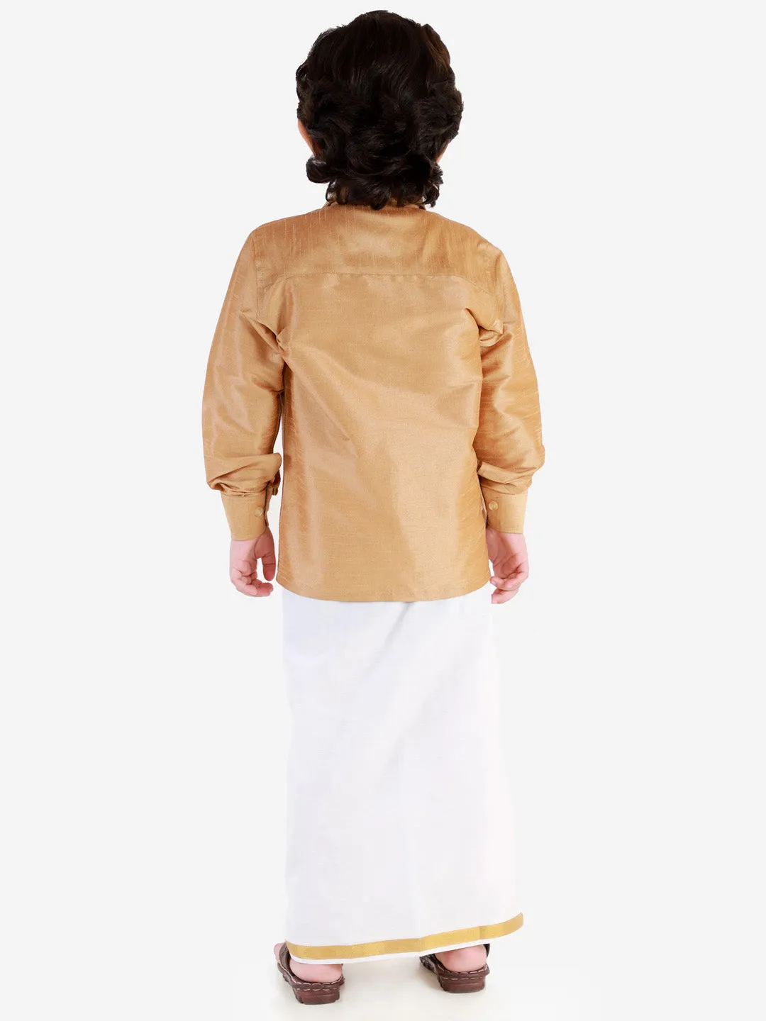 Jashvi Men's & Boys Rose Gold Solid Silk Blend Full Sleeve Ethnic Shirt And Mundu Set