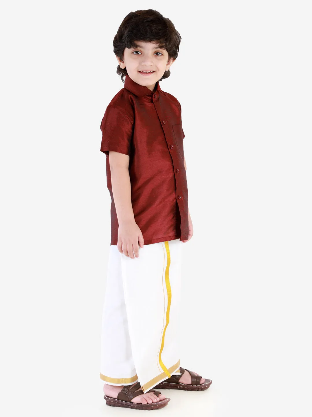Jashvi Men's & Boys Wine Solid Silk Blend Half Sleeve Ethnic Shirt And Mundu Set