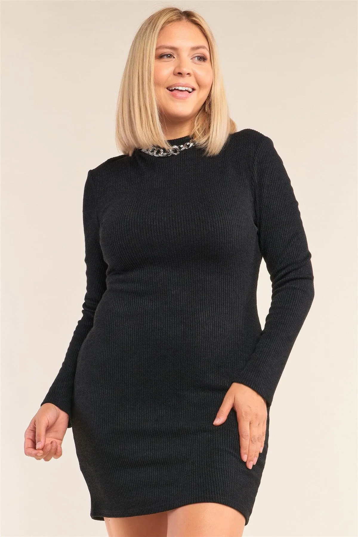 Junior Plus Size Black Long Sleeve Ribbed Knit Sexy Cut Out Back Mini Dress /3-2-2