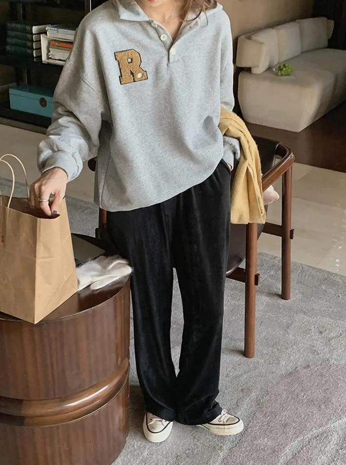 [Korean Style] High Waist Black Velvet Cinched Waist Wide Leg Pants